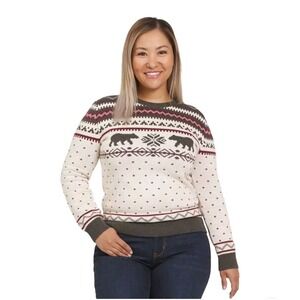 Lands' End Fair Isle Bear Sweater Women's Small Creme Gray Burgundy Crewneck EUC